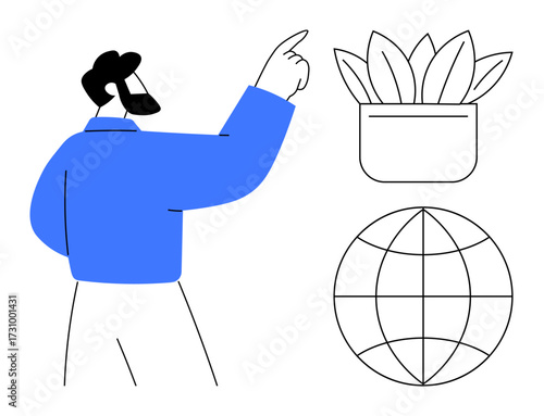 Man pointing upward next to a simple potted plant and a globe outline. Ideal for sustainability, education, global awareness, eco-consciousness, innovation, nature, modern design themes. Clean flat