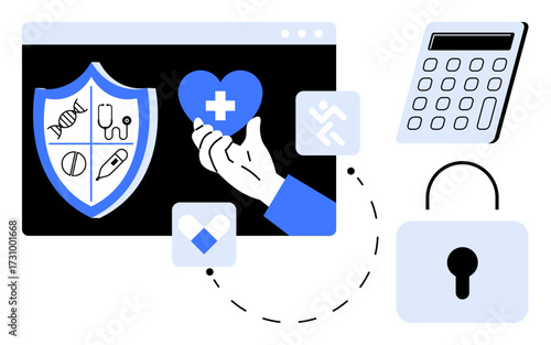 Hand holding heart with medical cross, shield with health icons, calculator, lock, and abstract symbols. Ideal for healthcare, technology, insurance, security finance data privacy innovation