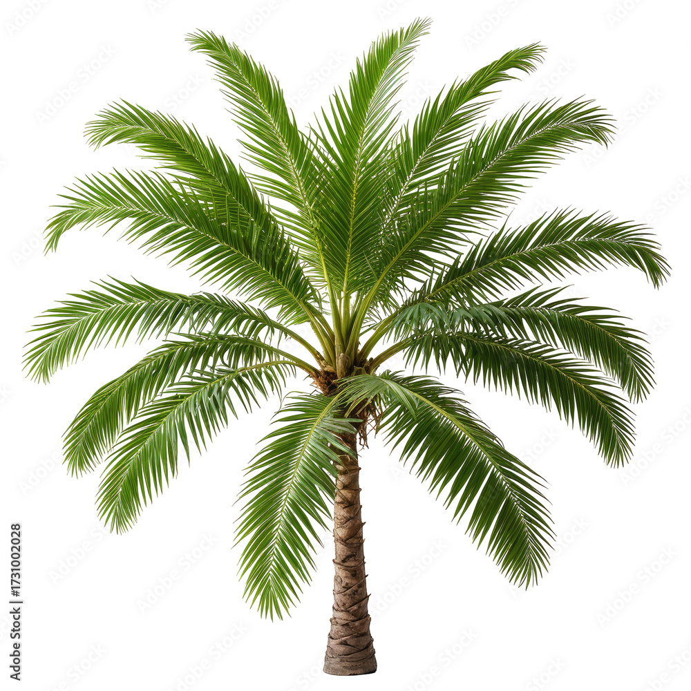 Obraz premium Lush, green palm tree isolated on black. Detailed foliage, tropical vibes