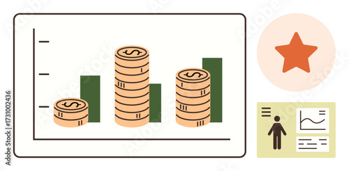 Stacked coins on a bar chart representing financial growth, star highlighting feedback, and a profile layout. Ideal for finance, analysis, success, data, business customer insights progress. Simple
