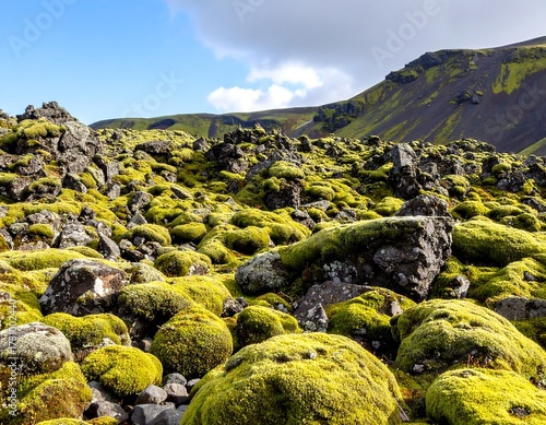 Lush green moss covers volcanic rocks under a partly cloudy sky