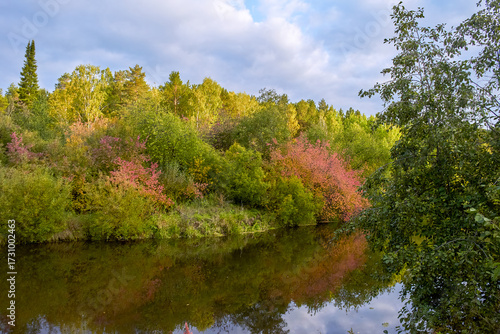 Autumn landscape - forest river and yellowed autumn trees on an autumn evening, autumn landscape scene on a sunny evening.