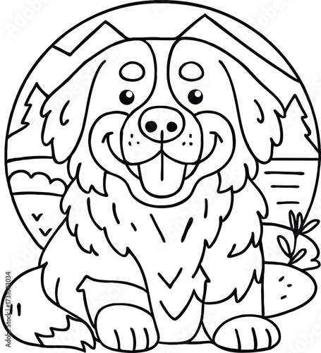 Australian Shepherd Outline Drawing in Circular Frame with Mountain Landscape