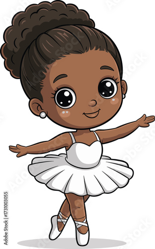 Cartoon ballerina girl dancing gracefully, dark skin character with tutu, ballet pose and expressive eyes, flat vector illustration