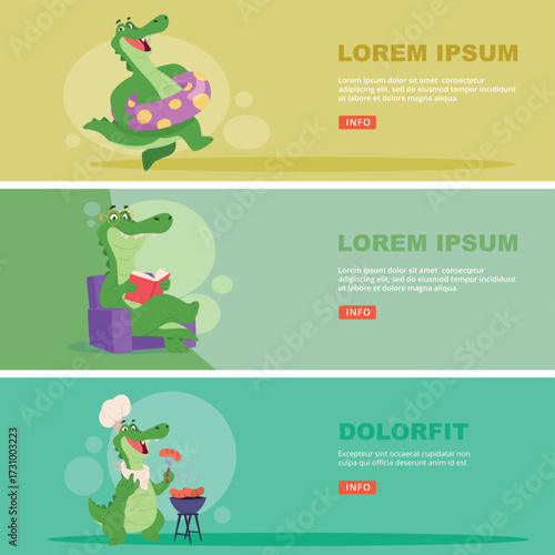 Crocodile. funny reptile mascot in action poses. vector banners