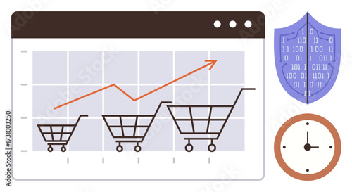 Chart with upward sales trend, shopping carts, shield with binary code, and clock. Ideal for online shopping, sales growth, cybersecurity, efficiency data retail business planning. Clean flat