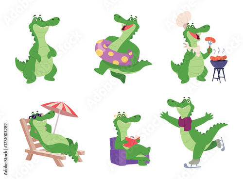 Cute crocodile. Funny mascot alligator in different profession exact cartoon animal activity