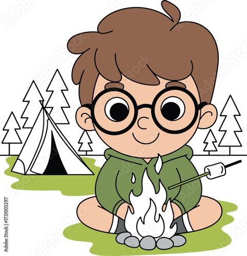 Cartoon child camping in forest, roasting marshmallow by campfire, flat vector illustration, outdoor adventure, tent, pine trees, happy nature scene