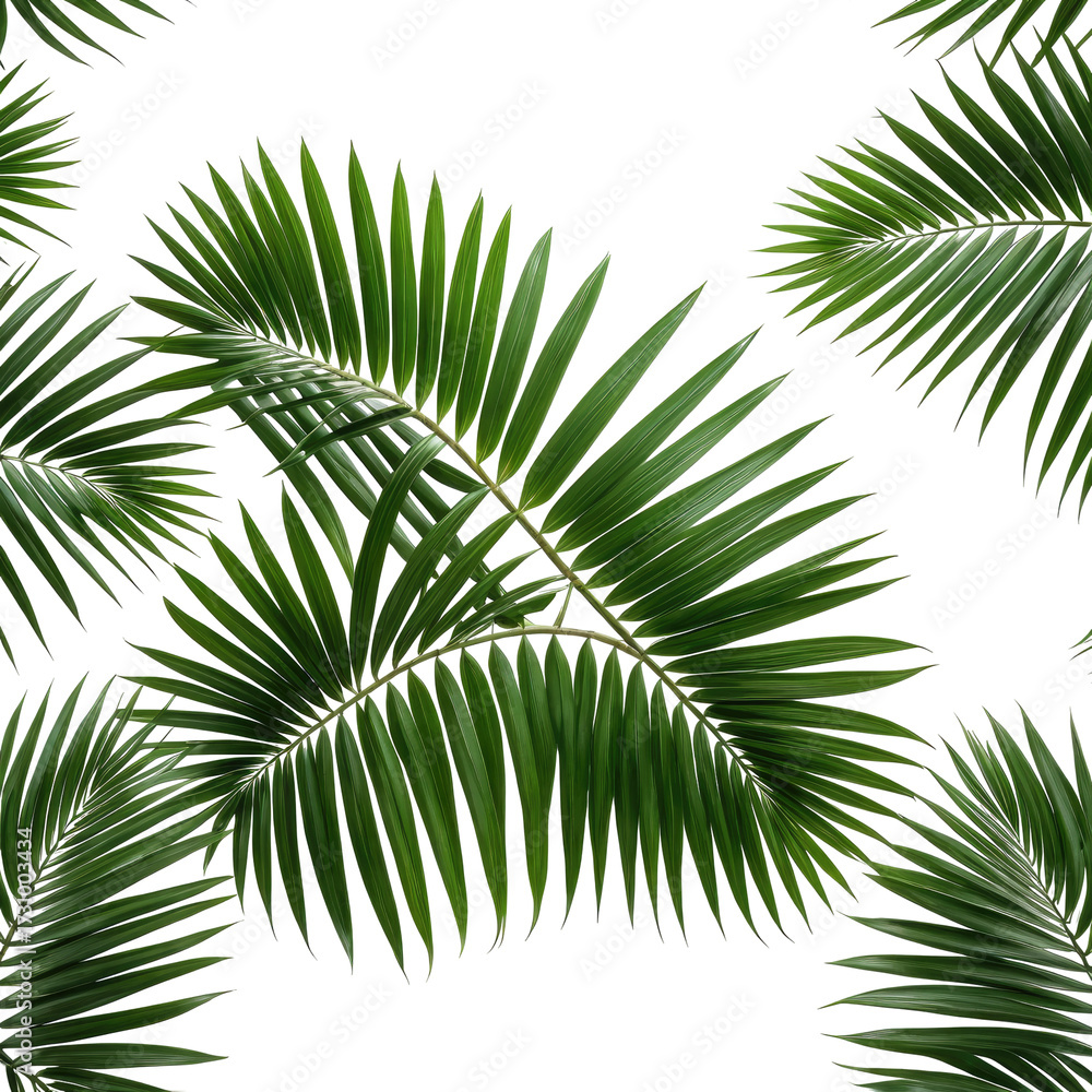 Fototapeta premium Green palm fronds on a black background, creating a tropical seamless pattern