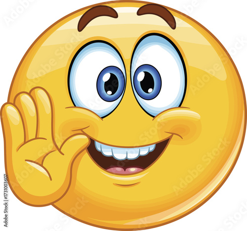 Cartoon smiley face waving hand, cheerful yellow emoji with big eyes, friendly greeting expression and raised palm, flat vector illustration
