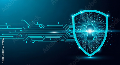 Cybersicherheit: digitales Schild mit Schlüsselloch und Leiterbahnen als Konzept für Datenschutz und Netzwerksicherheit