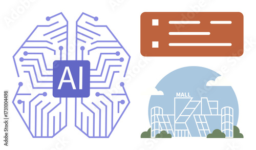 AI brain circuit with a microchip centerpiece, task icons symbolizing automation, and a modern shopping mall. Ideal for technology, innovation, machine learning, automation, data integration, retail
