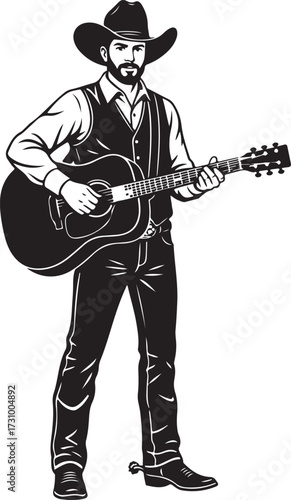 Cowboy Playing an Acoustic Guitar with a Beard and Cowboy Hat on a White Background