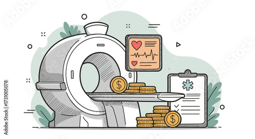 MRI scanner illustrating coins and health reports for Healthcare Insurance  