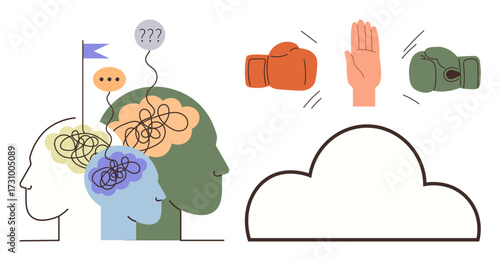 tangled thoughts in heads visualizing confusion and dialogue, boxing gloves and hand representing resolving conflict. Ideal for mental health, teamwork, negotiation, overcoming obstacles