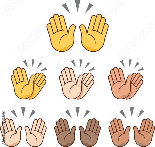 High five emoji hands in diverse skin tones, flat vector illustration, celebratory gesture icon, inclusive design, cartoon style, motion lines