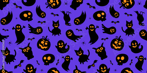 Seamless Halloween pattern with ghosts, pumpkins and bats on a purple background for holiday decor