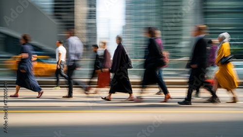 Pedestrians walking fast on a city street, motion blur showing urban people commuting in a busy rush