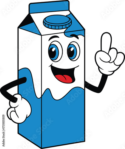 Smiling cartoon milk carton character with raised finger, dairy mascot for kids, healthy food and education concept, flat vector illustration