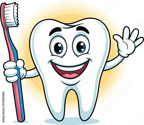 Smiling cartoon tooth character with toothbrush, dental hygiene mascot for kids, cheerful oral care concept, flat vector illustration for education