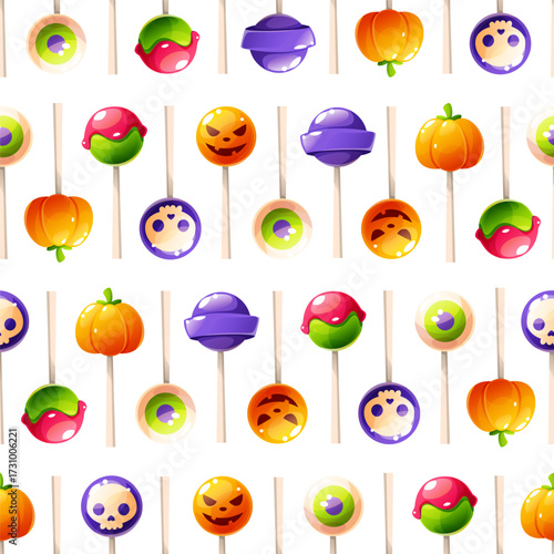 A seamless Halloween pattern on a white background with lollipops of various shapes and colors. Pumpkin shaped candies with eyes and skulls, and colorful sweets. Trick or treat.