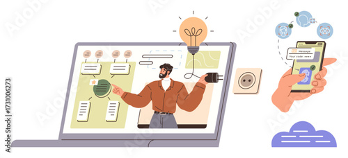 Online webinar with educator presenting on screen, mobile app showcasing e-learning tools, and innovation symbols thumbs up a light bulb and connection lines. Ideal for education, teamwork, training