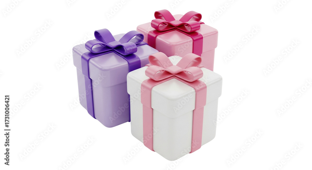 Fototapeta premium Three gift boxes in purple, pink, and white with ribbons on a transparent background. Birthday, Mother's Day, or Valentine's Day concept, png.