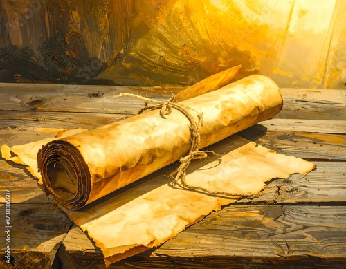 Aged parchment scroll on weathered wooden table