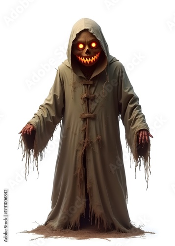 Horror Scarecrow with Torn Robes and Glowing Eyes Isolated on White