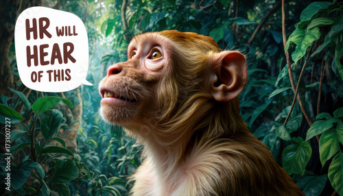 - Curious monkey looking up in lush jungle background