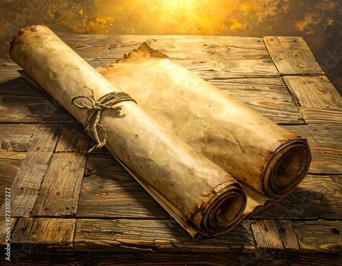 Aged scrolls on wooden table