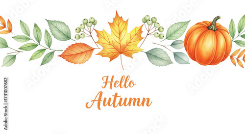 Autumn-themed watercolor border design: decorated with pumpkins, maple leaves, mulberries, and greenery. “Hello Autumn” written at the bottom.