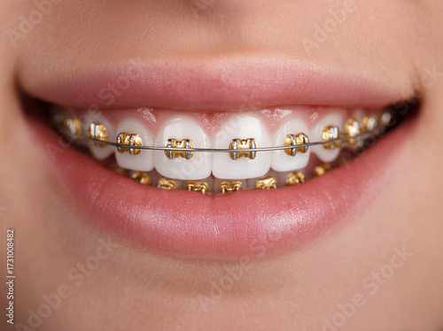 Bright smile with gold braces showcased in close-up during dental appointment in bright office setting Generative AI