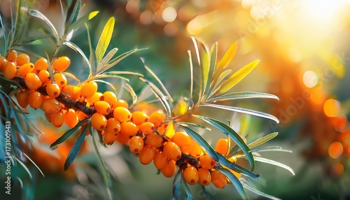 A Branch Of Orange Sea Buckthorn Berries Close Up A Lot Of Useful Berries Of Sea Buckthorn On A Bush With Green Leaves The Berry From Which The Oil Is Made Defocused Or Small Depth Of Field Flare