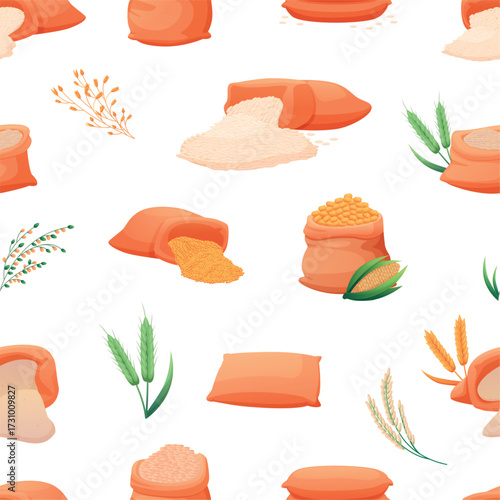 Fabric bags with different cereals. Agriculture elements, bag with flour, rice, rye, corn. Packages and plants. Print for fabric wallpaper wrapping, vector background