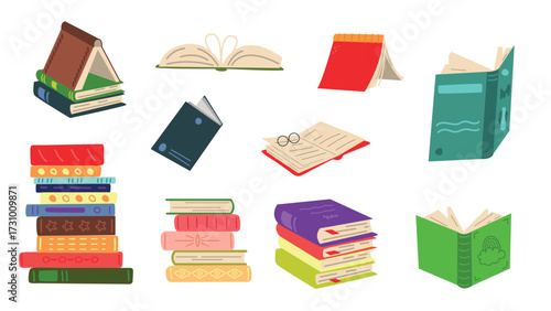 Piles of books. Open and closed book, cartoon textbooks, notebook. Reading elements, library or bookstore. Book festival vector collection