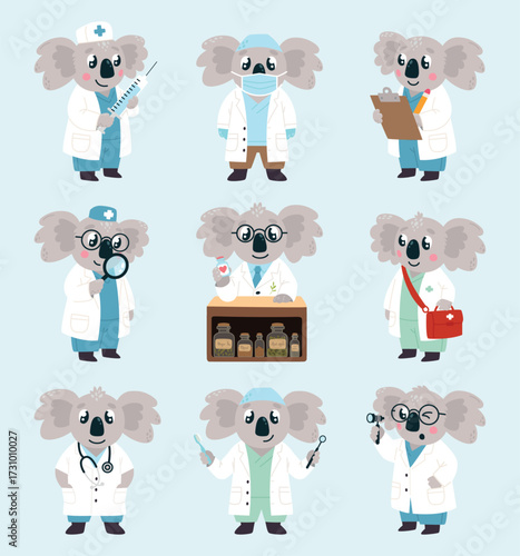 Koala doctor. Nursery, therapist and surgery characters. Funny animals in medical uniform. Childish mascots for pediatrician, hospital classy vector set