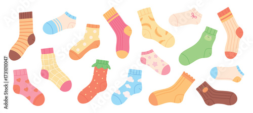 Cartoon socks. Cotton wool sock with decor. Unisex accessories, seasonal footwear for home. Outfit details, underwear for legs, racy vector set