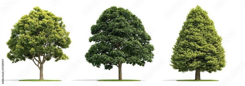 Fototapeta premium Three vibrant trees against a white background. Different shapes and shades of green foliage