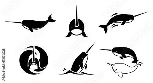 Collection of narwhal silhouettes and icons.