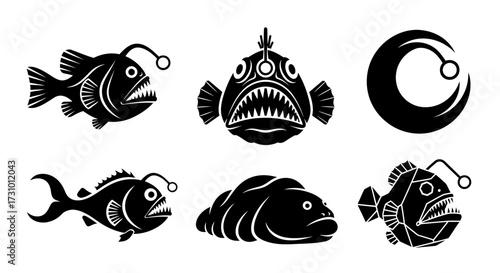 Black and white fish illustrations with hooks.