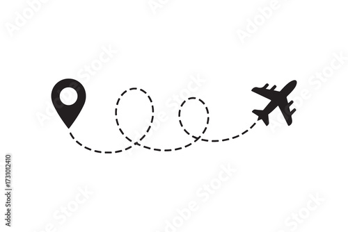 Minimalist flight route icon, Global travel path with location pin vector