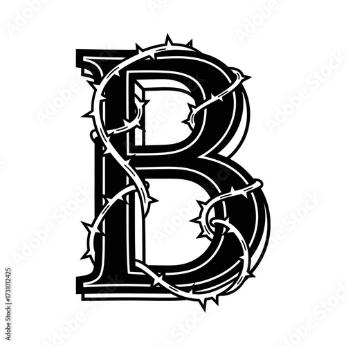 A stylized black and white illustration of the capital letter B intricately entwined with thorny vines.