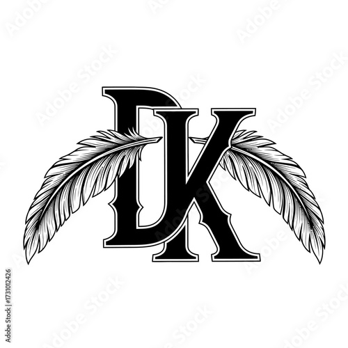 A black and white graphic featuring the letters "DK" intertwined with two stylized feathers, one on each side.