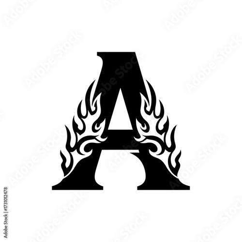 Black letter A with stylized flames integrated into its design, creating a fiery alphabet graphic on a white background.