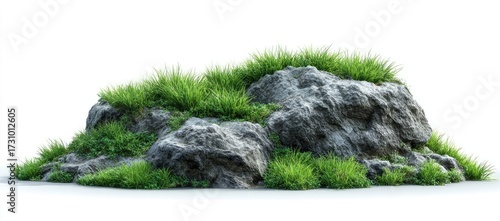 A mound of gray rocks covered with vibrant green grass