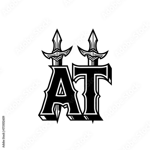 Black and white logo with letters AT and two swords.