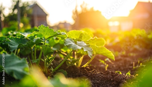 Lush green plants in a garden at sunset