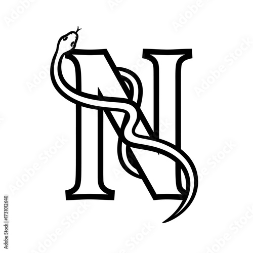 A stylized black and white illustration of the letter N intertwined with a snake.
