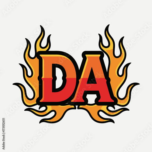Bold red letters DA surrounded by stylized orange and yellow flames on a white background.